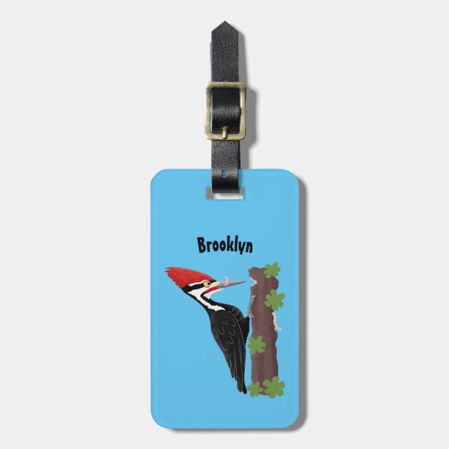 Cue funny Pileated woodpecker cartoon illustration Luggage Tag (Front Vertical)