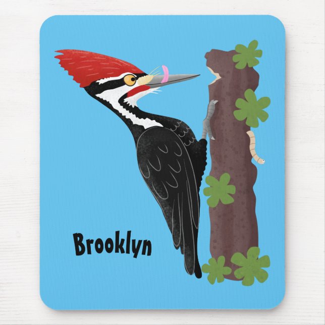 Cue funny Pileated woodpecker cartoon illustration Mouse Pad (Front)