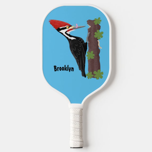 Cue funny Pileated woodpecker cartoon illustration Pickleball Paddle (Front)