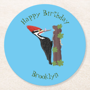 Cue funny Pileated woodpecker cartoon illustration Round Paper Coaster