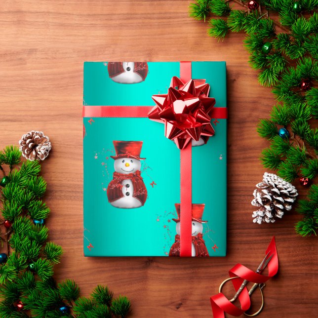 Cue Red Snowmen on Aqua Christmas Wrapping Paper (Creator Uploaded)