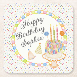 Cue the Confetti Birthday Party Dessert Square Paper Coaster