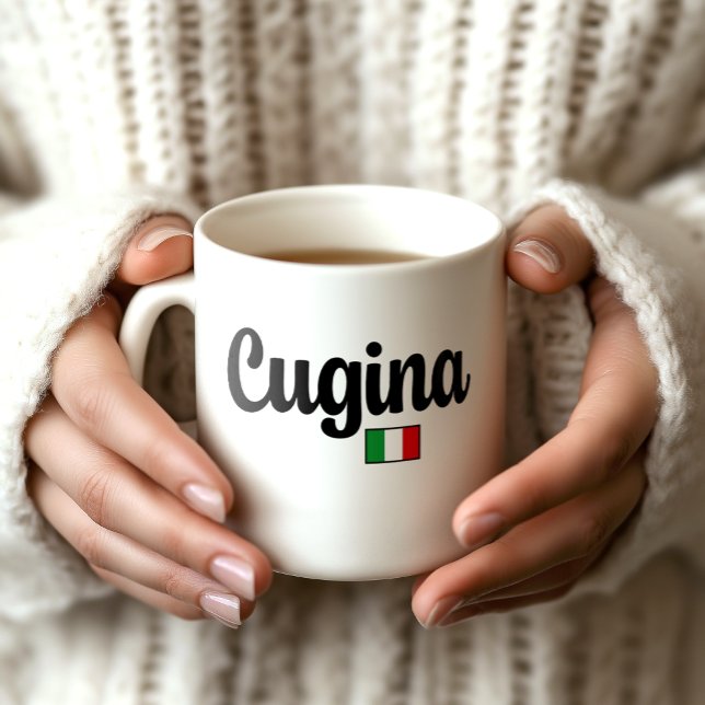 Cugina Italian Flag Mug (Woman's hands holding white Cugina mug with Italian flag. Gift for female cousin.)