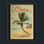 Culebra Palm Tree Vintage Travel Postcard<br><div class="desc">A uniquely retro mid-century modern Culebra Puerto Rico art print in vintage travel poster style. It features a curved palm tree on sandy beach with ocean under a blue cloudy sky.</div>