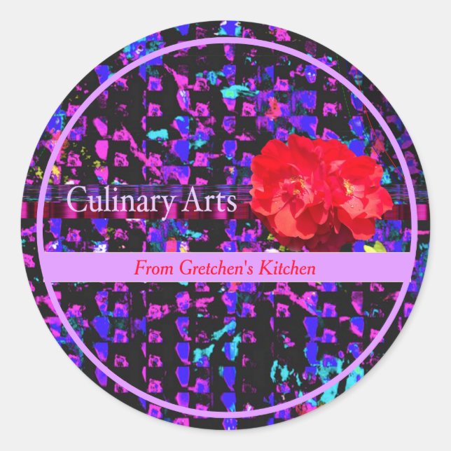 Culinary Arts Purples Abstract Pattern w/Red Rose  Classic Round Sticker (Front)