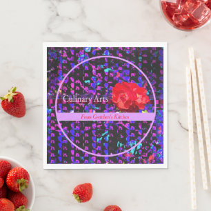 Culinary Arts Purples Abstract Pattern w/Red Rose Napkin
