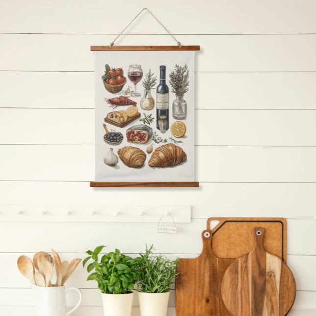 Culinary Delights Watercolor Tapestry Scroll Art (Hanging Kitchen Wood Top Scroll Art Cullinary Delights Watercolor Food Illustrations Farm to Table)