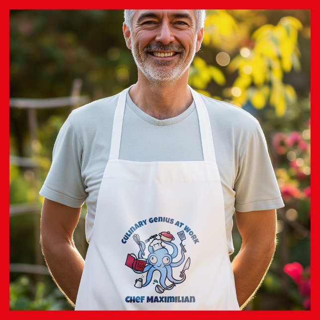 Culinary Genius at Work Cute Cartoon Chef Octopus Long Apron (Octopus Chef cartoon)