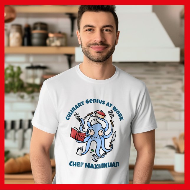Culinary Genius at Work Cute Cartoon Chef Octopus T-Shirt (Octopus Chef cartoon t-shirt in kitchen)