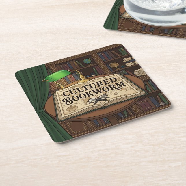 Cultured Bookworm Square Paper Coaster (Angled)