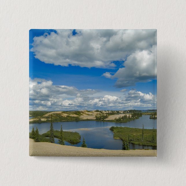 Cumulus clouds float above lakes, Northwest 15 Cm Square Badge (Front)