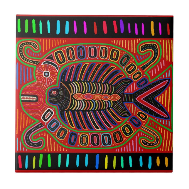 Cuna Indian Mola Flying Fish Ceramic Tile (Front)