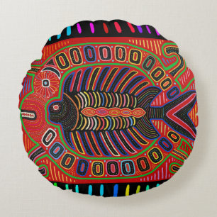 Cuna Indian Mola Flying Fish Round Cushion