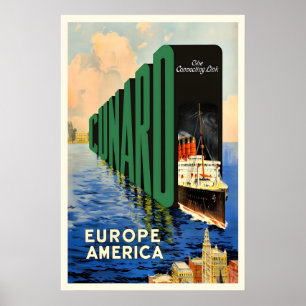 Cunard Europe America Vintage Travel Poster
