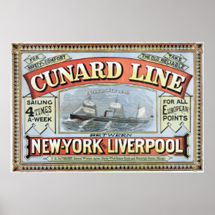 Cunard Line Ad Poster New York and Liverpool 1875