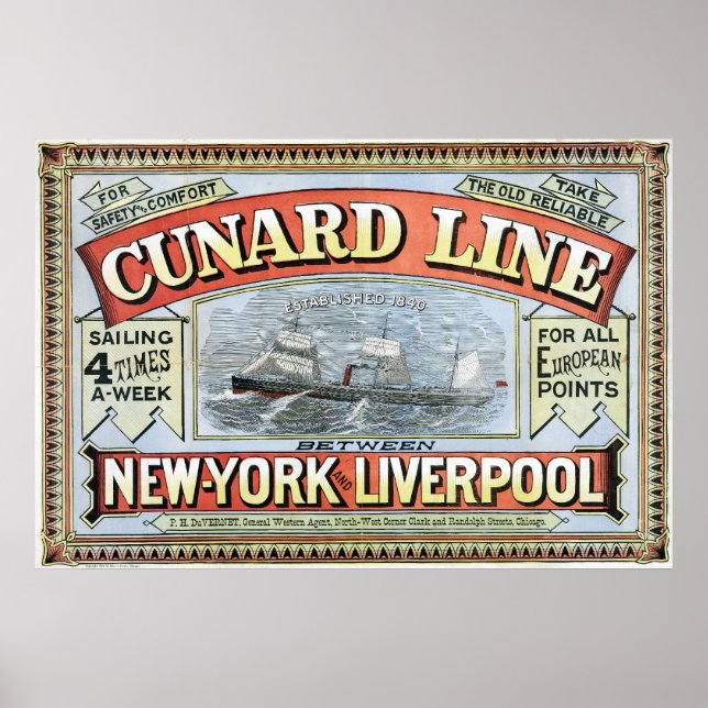 Cunard Line Ad Poster New York and Liverpool 1875 (Front)