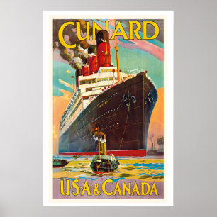 Cunard Line Atlantic USA Canada Vintage Travel Poster
