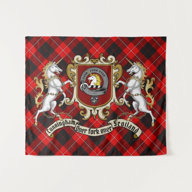 Cunningham Clan Badge & Unicorns w/Tartan   Tapestry (Front (Horizontal))