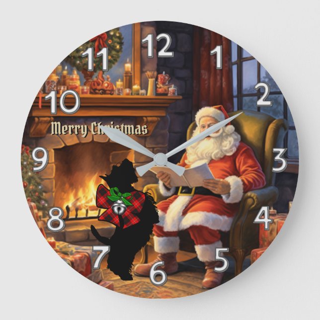 Cunningham Scottie Dog & Santa Personalised Xmas Large Clock (Front)
