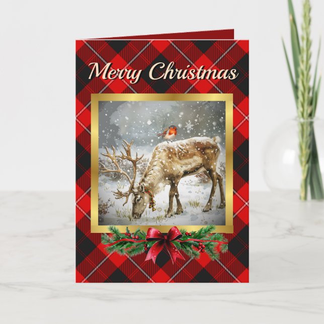 Cunningham Stag & Robin Tartan Personalized  Holiday Card (Front)