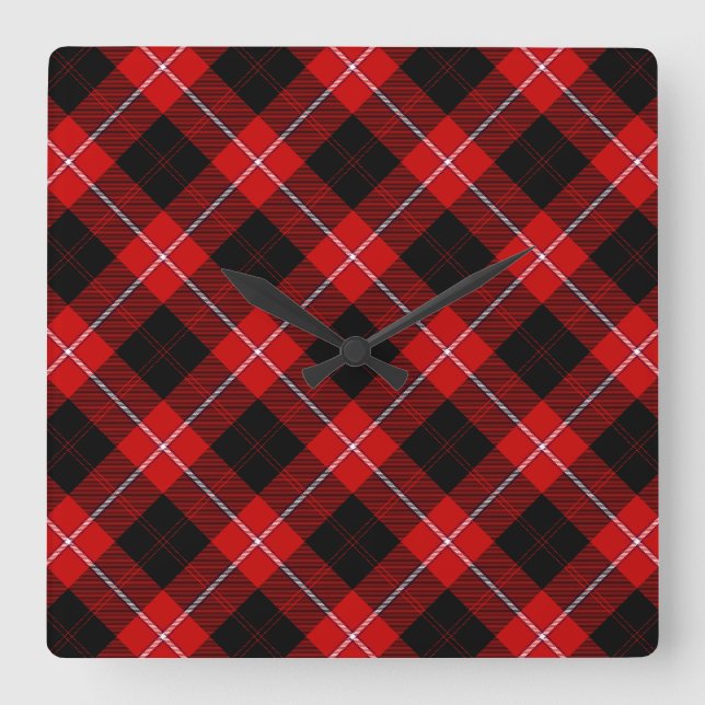 Cunningham Tartan Red Black Plaid Square Wall Clock (Front)