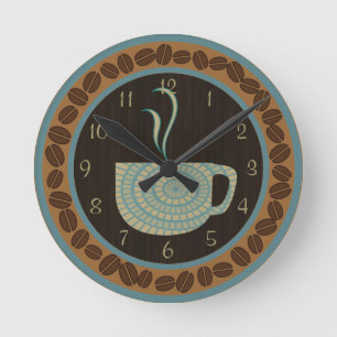 Cup O Coffee Brown and Teal Round Clock