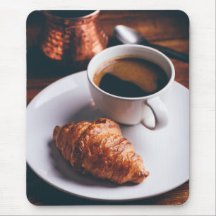 Cup of Black Coffee and Fresh Croissant Mouse Pad
