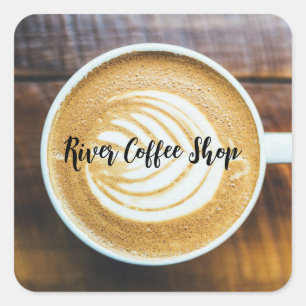 Cup of Coffee Latte Leaf-Shape Foam on Wood Name Square Sticker