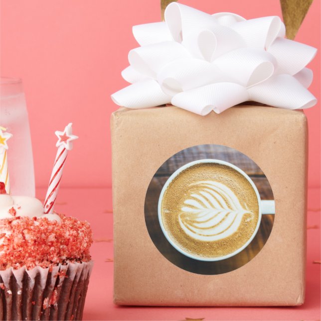 Cup of Coffee Latte with Leaf-Shape Foam on Wood Classic Round Sticker (Party)