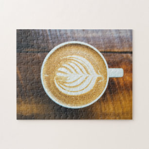 Cup of Coffee Latte with Leaf-Shape Foam on Wood Jigsaw Puzzle