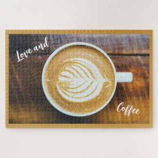 Cup of Coffee Latte with Leaf-Shape Foam on Wood Jigsaw Puzzle