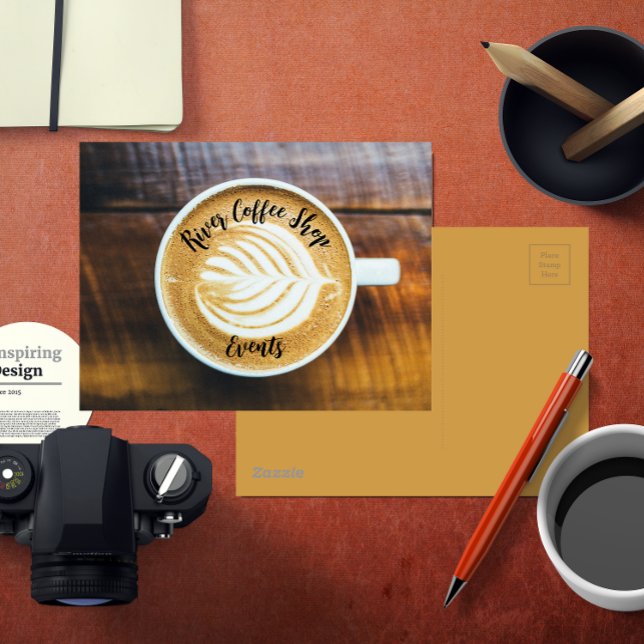 Cup of Coffee Latte with Leaf-Shape Foam on Wood Postcard (Creator Uploaded)