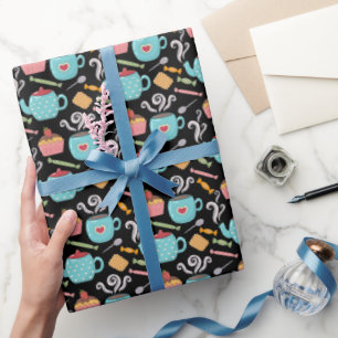 Cup of Coffee Tea Biscuit Cupcake Teapot Black Wrapping Paper