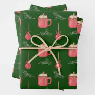 Cup of Hot Chocolate and Christmas Ornaments Wrapping Paper Sheet