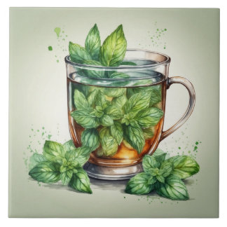 Cup of Mint Tea with Fresh Peppermint Leaves Ceramic Tile