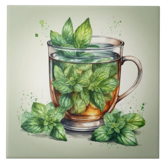 Cup of Mint Tea with Fresh Peppermint Leaves Ceramic Tile (Front)