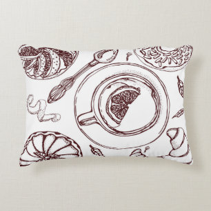 Cup of tea, a pastry, croissant, vintage, hand decorative cushion
