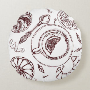 Cup of tea, a pastry, croissant, vintage, hand round cushion