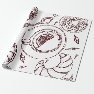 Cup of tea, a pastry, croissant, vintage, hand wrapping paper
