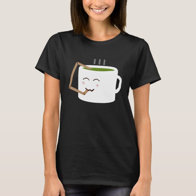 Cup of Tea Using a Straw to Drink Cute Green Tea T-Shirt (Front)