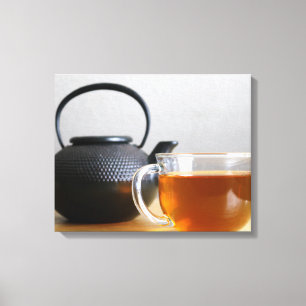 Cup of Tea with Black Metal Tea Kettle 16x20 Canvas Print
