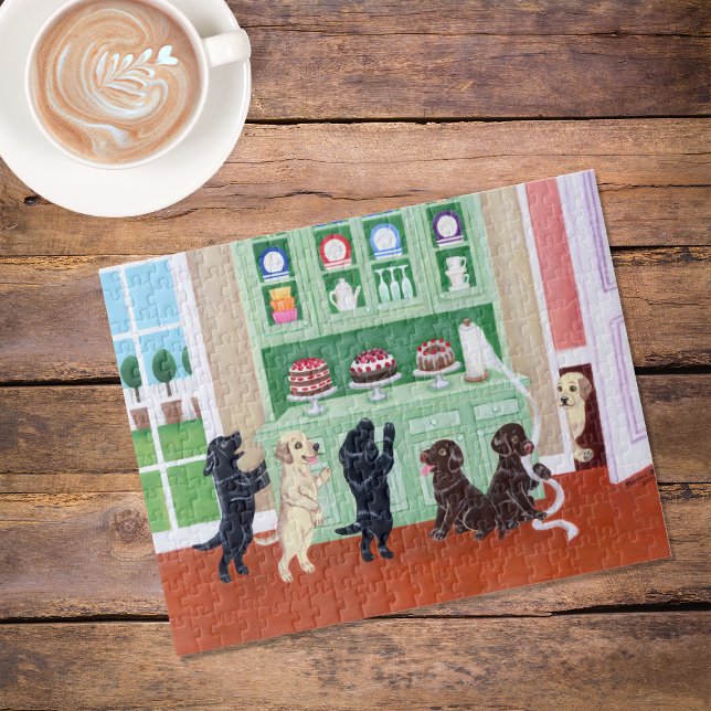 Cupboard Labrador Puppies Jigsaw Puzzle (Cupboard Labrador Puppies Jigsaw Puzzle featuring Lab Puppies in action in the kitchen.  )