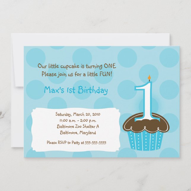 Cupcake 1st Birthday blue dot Modern Invitations (Front)