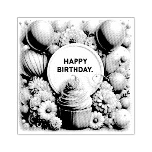 cupcake and balloon birthday rubber stamp