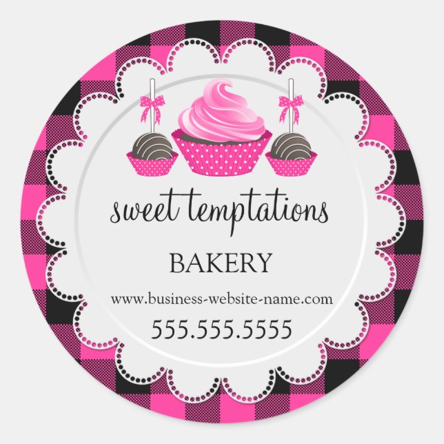 Cupcake and Cake Pops Buffalo Plaid Bakery Classic Round Sticker (Front)