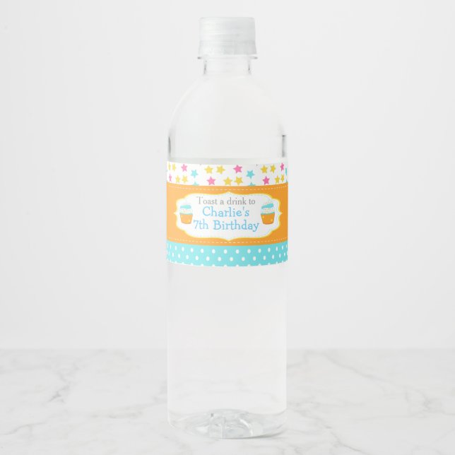 Cupcake and Sprinkles Birthday Party Water Bottle Label (Front)
