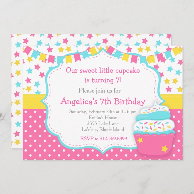 Cupcake and Sprinkles Pink Birthday Party Invitation (Front/Back)