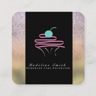 Cupcake and Swirls Cake Gold Sparkle Bakery Square Business Card