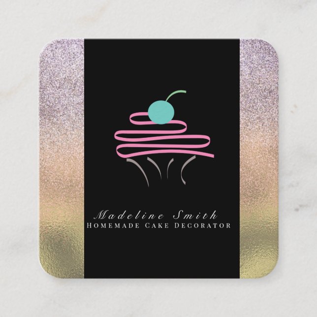 Cupcake and Swirls Cake Gold Sparkle Bakery Square Business Card (Front)