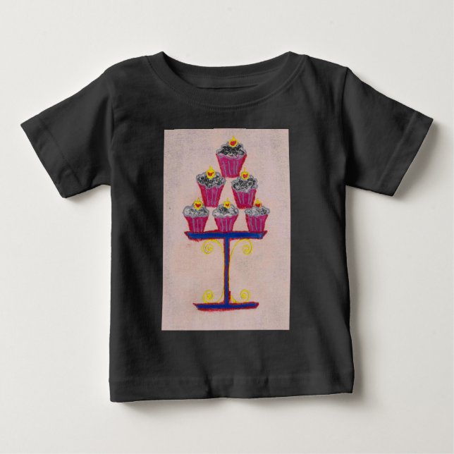 Cupcake Art Print with Cherry and Pink Background Baby T-Shirt (Front)